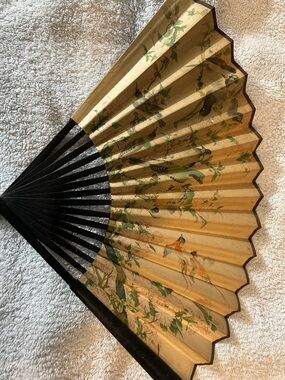 Vintage Hand Painted Asian Folding Fan with Bird & Floral Design -